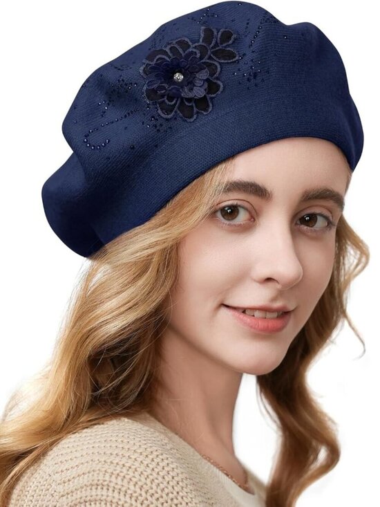 Women\'s French Style Flower Knitted Embroidery Beret Hats Navy Blue main image 5